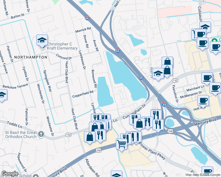 map of restaurants, bars, coffee shops, grocery stores, and more near 148 Lake One Drive in Hampton