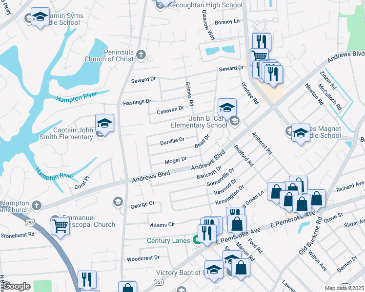 map of restaurants, bars, coffee shops, grocery stores, and more near 1825 Beall Drive in Hampton