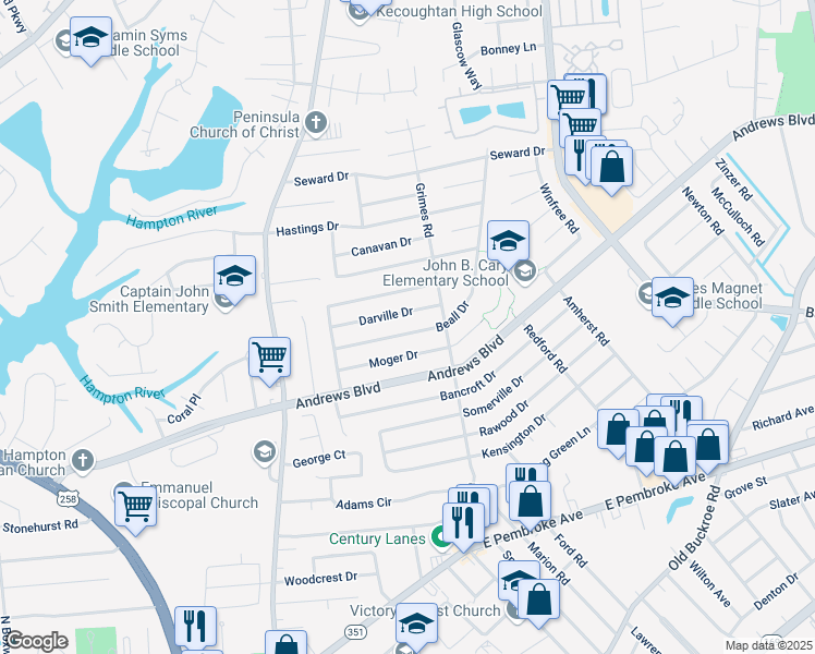 map of restaurants, bars, coffee shops, grocery stores, and more near 1825 Beall Drive in Hampton