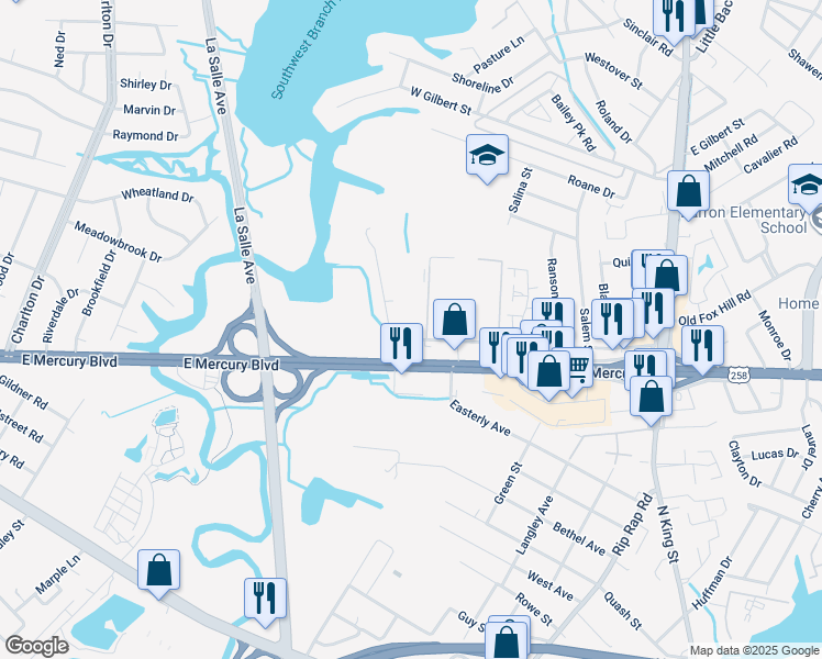 map of restaurants, bars, coffee shops, grocery stores, and more near 2002 Seldendale Drive in Hampton
