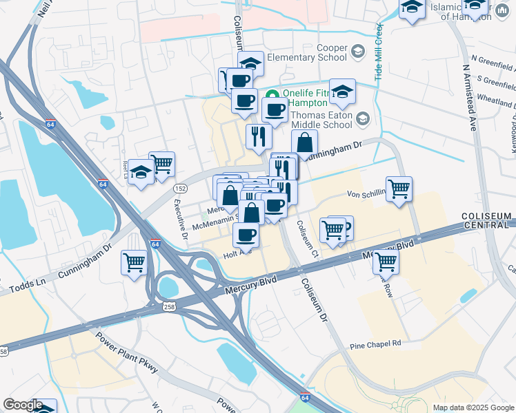map of restaurants, bars, coffee shops, grocery stores, and more near 1000 Merchant Lane in Hampton