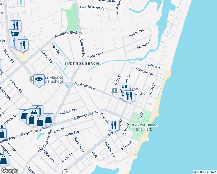map of restaurants, bars, coffee shops, grocery stores, and more near 116 6th Street in Hampton