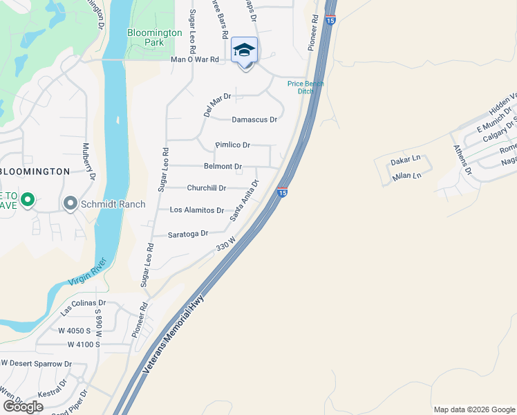 map of restaurants, bars, coffee shops, grocery stores, and more near Pioneer Road in St. George