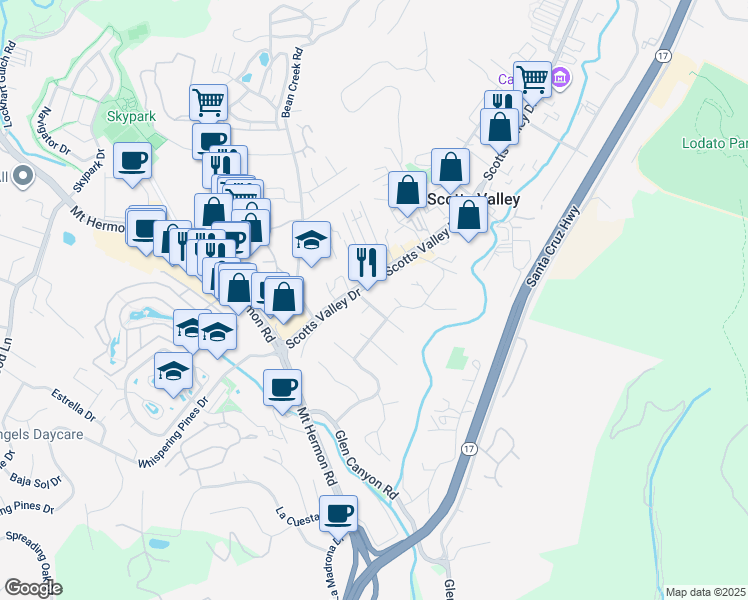 map of restaurants, bars, coffee shops, grocery stores, and more near 4300 Scotts Valley Drive in Scotts Valley
