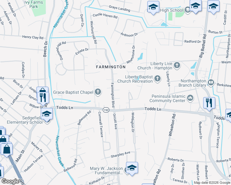 map of restaurants, bars, coffee shops, grocery stores, and more near 1 Woodlawn Drive in Hampton