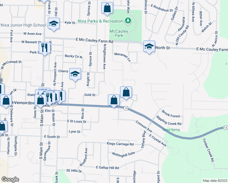 map of restaurants, bars, coffee shops, grocery stores, and more near 167 Eastwood Drive in Nixa