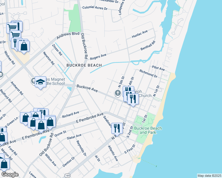 map of restaurants, bars, coffee shops, grocery stores, and more near 116 6th Street in Hampton