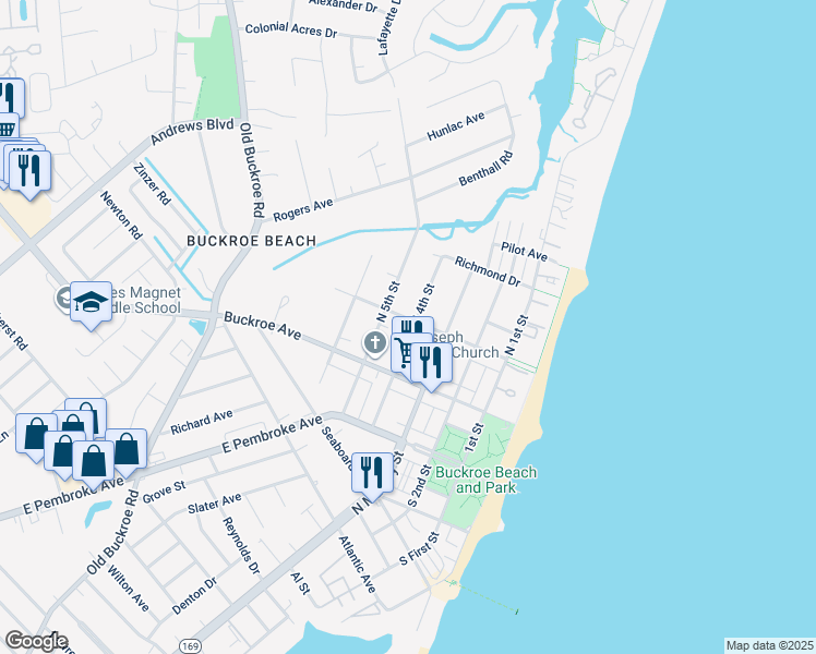 map of restaurants, bars, coffee shops, grocery stores, and more near 401 Tappan Avenue in Hampton