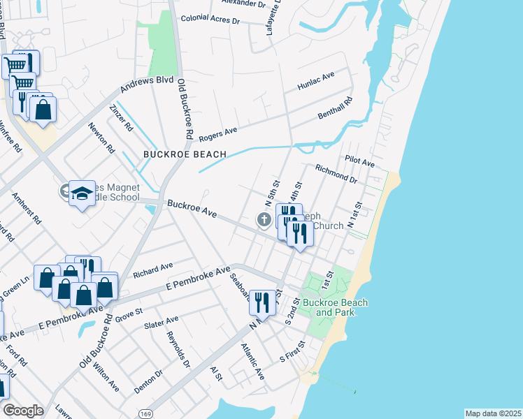 map of restaurants, bars, coffee shops, grocery stores, and more near 129 North 5th Street in Hampton