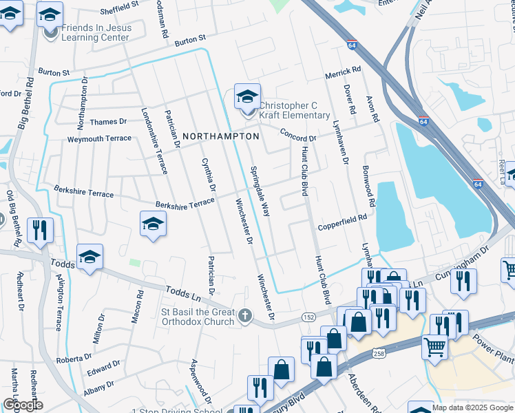 map of restaurants, bars, coffee shops, grocery stores, and more near 139 Springdale Way in Hampton