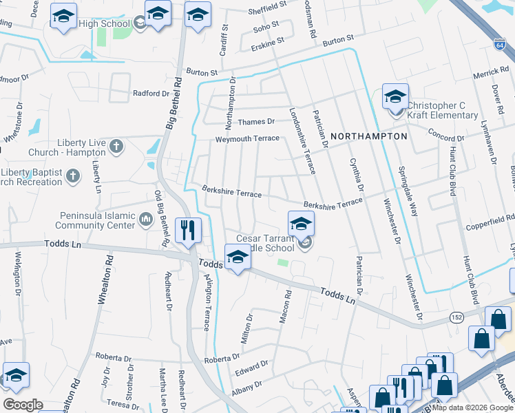 map of restaurants, bars, coffee shops, grocery stores, and more near 830 Berkshire Terrace in Hampton