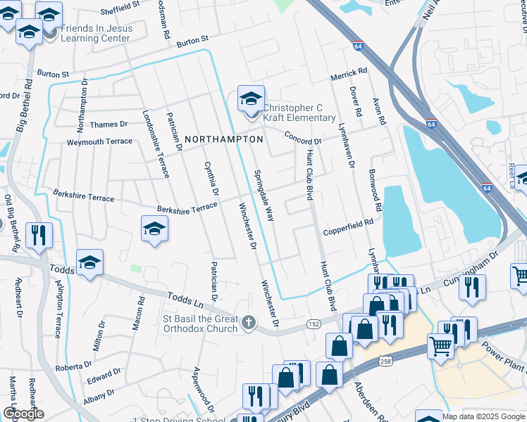 map of restaurants, bars, coffee shops, grocery stores, and more near 139 Springdale Way in Hampton