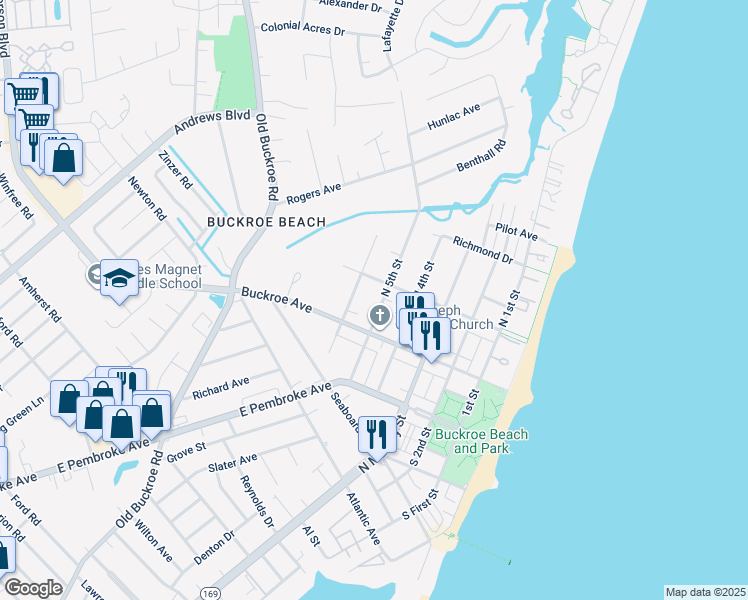 map of restaurants, bars, coffee shops, grocery stores, and more near 129 North 5th Street in Hampton