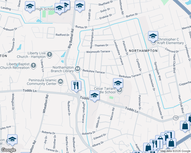 map of restaurants, bars, coffee shops, grocery stores, and more near 36 Lancaster Terrace in Hampton