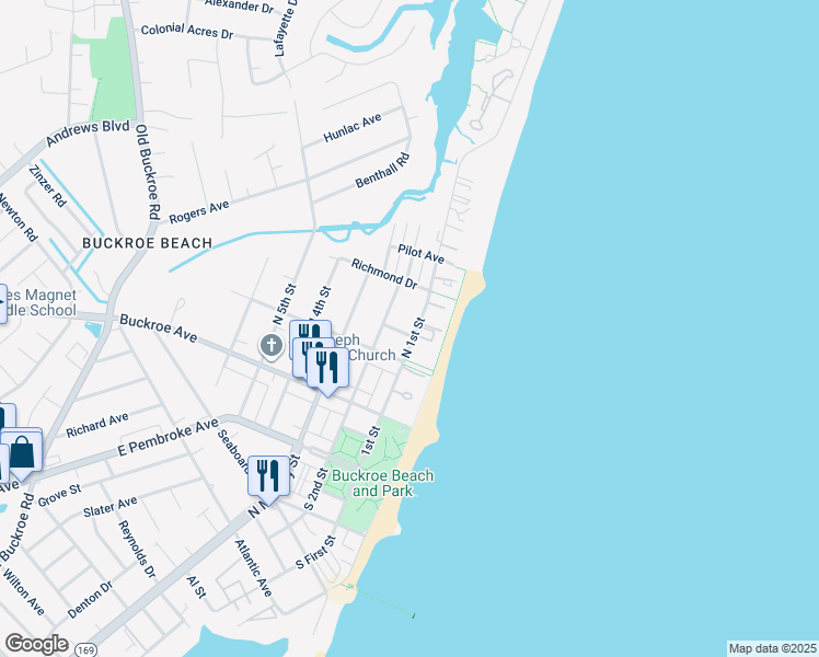 map of restaurants, bars, coffee shops, grocery stores, and more near 102 Parkview Place in Hampton