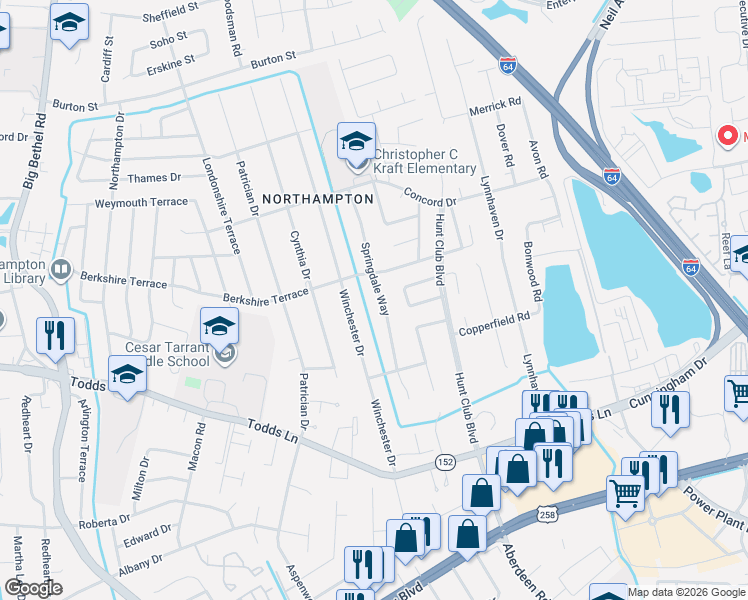 map of restaurants, bars, coffee shops, grocery stores, and more near 144 Springdale Way in Hampton