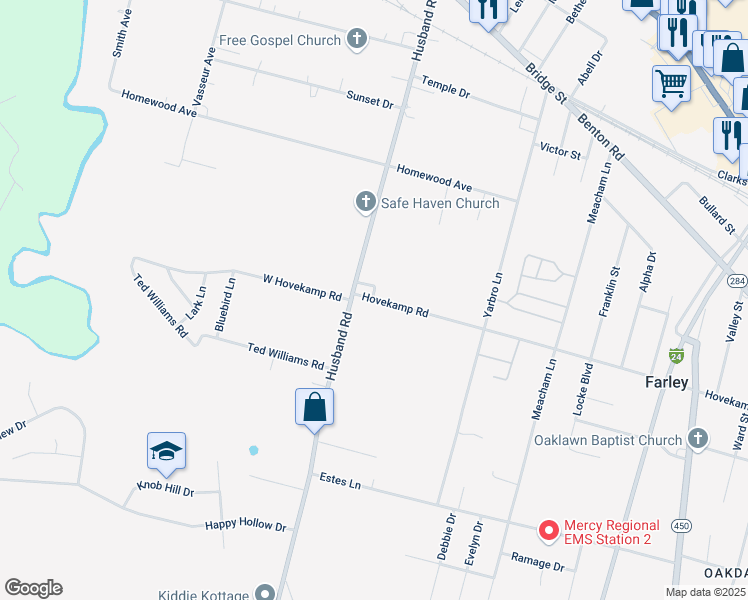 map of restaurants, bars, coffee shops, grocery stores, and more near 2362 Hovekamp Road in Paducah