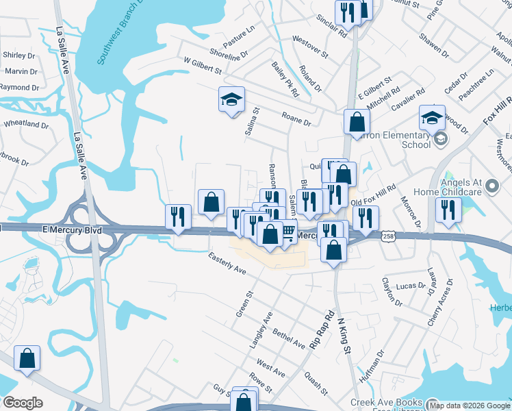 map of restaurants, bars, coffee shops, grocery stores, and more near 104 Parkway Drive in Hampton