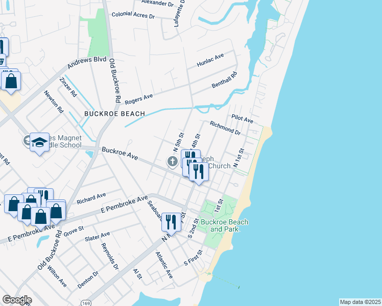 map of restaurants, bars, coffee shops, grocery stores, and more near 401 Tappan Avenue in Hampton