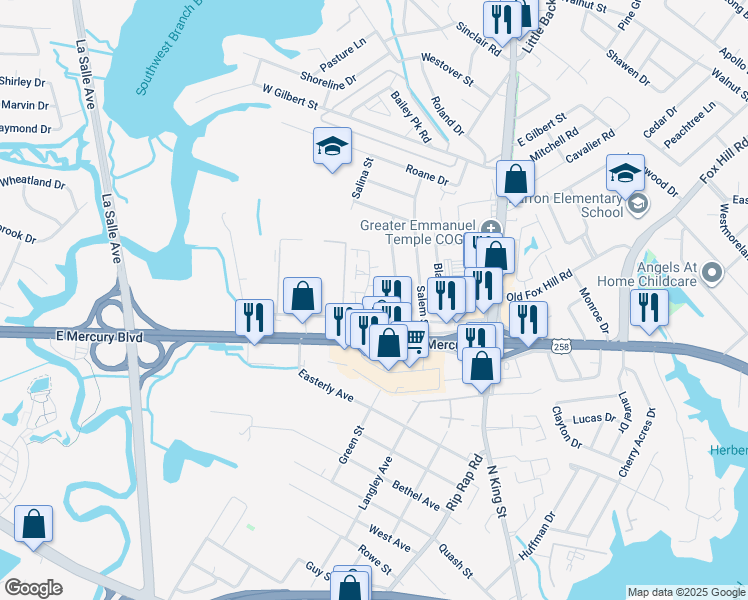 map of restaurants, bars, coffee shops, grocery stores, and more near 30 Parkway Drive in Hampton