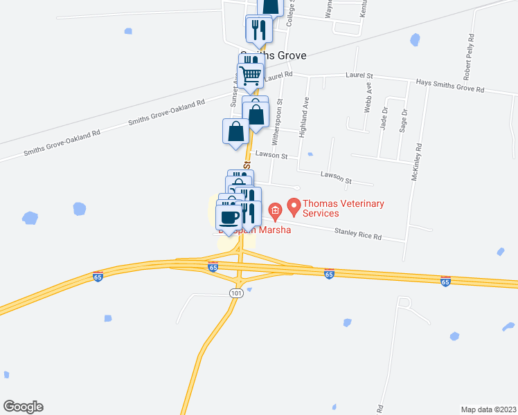 map of restaurants, bars, coffee shops, grocery stores, and more near 592 South Main Street in Smiths Grove