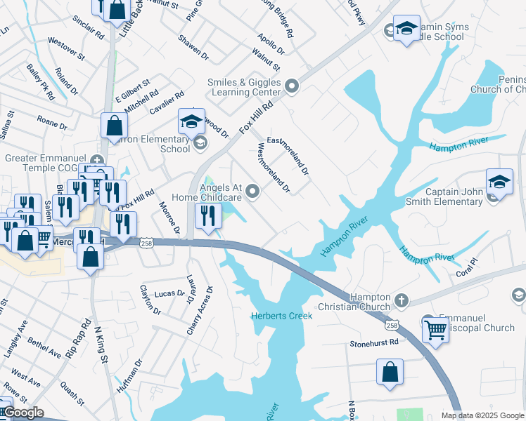 map of restaurants, bars, coffee shops, grocery stores, and more near 12 Markham Drive in Hampton