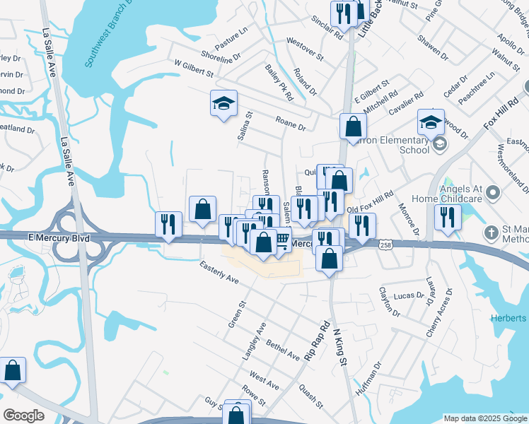 map of restaurants, bars, coffee shops, grocery stores, and more near 104 Parkway Drive in Hampton