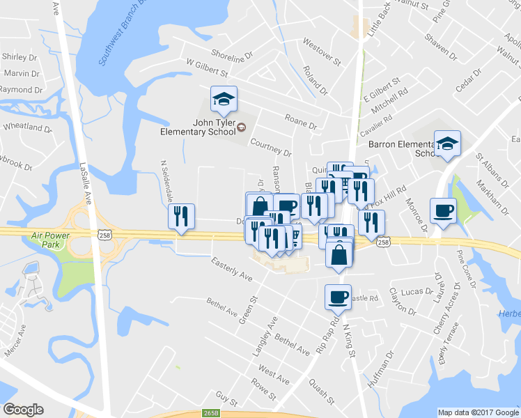 map of restaurants, bars, coffee shops, grocery stores, and more near 104 Parkway Drive in Hampton