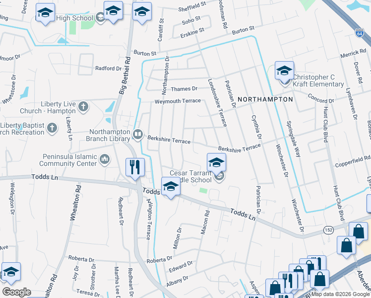 map of restaurants, bars, coffee shops, grocery stores, and more near 830 Berkshire Terrace in Hampton