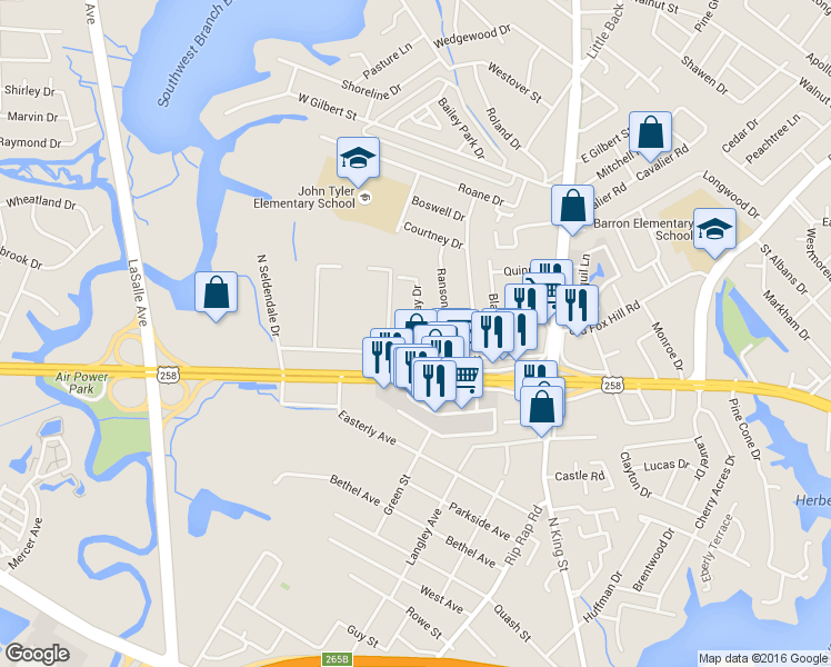 map of restaurants, bars, coffee shops, grocery stores, and more near 38 Parkway Drive in Hampton