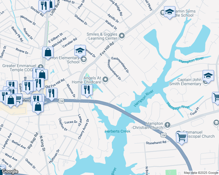 map of restaurants, bars, coffee shops, grocery stores, and more near 12 Markham Drive in Hampton