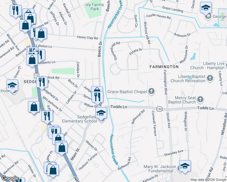 map of restaurants, bars, coffee shops, grocery stores, and more near 15 Mary Ann Drive in Hampton