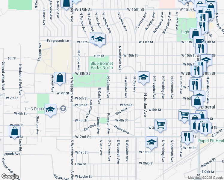 map of restaurants, bars, coffee shops, grocery stores, and more near 918 West 7th Street in Liberal