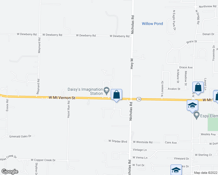 map of restaurants, bars, coffee shops, grocery stores, and more near Westminster Drive in Nixa