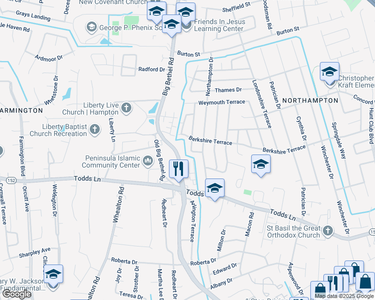 map of restaurants, bars, coffee shops, grocery stores, and more near 35 Leicester Terrace in Hampton