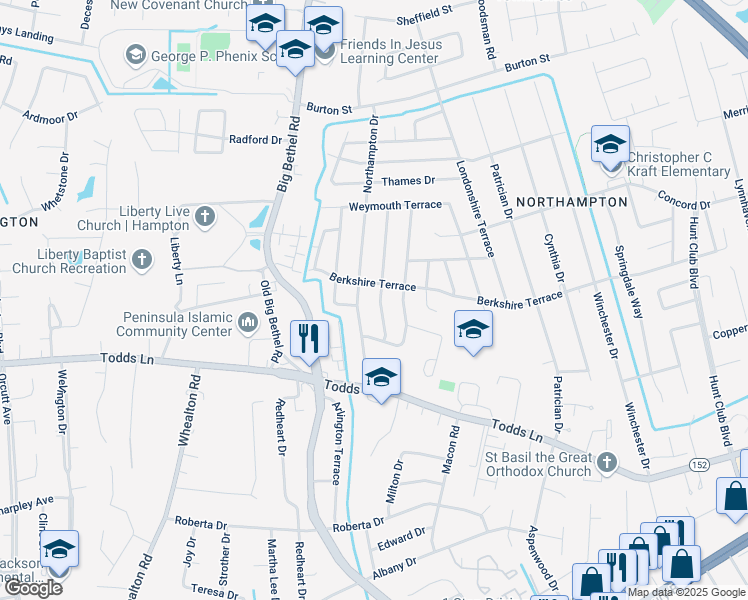 map of restaurants, bars, coffee shops, grocery stores, and more near 33 Lancaster Terrace in Hampton