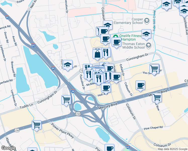 map of restaurants, bars, coffee shops, grocery stores, and more near 670 Downey Green in Hampton