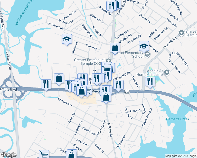 map of restaurants, bars, coffee shops, grocery stores, and more near 14 Thornrose Avenue in Hampton