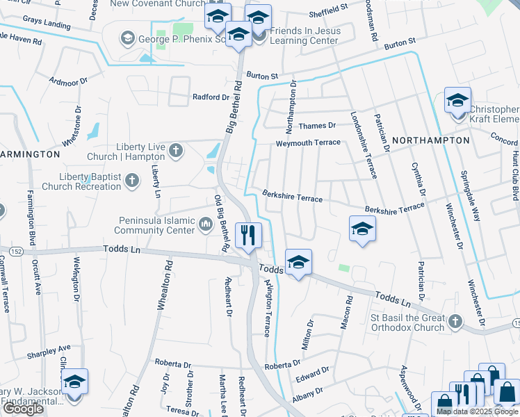 map of restaurants, bars, coffee shops, grocery stores, and more near 35 Leicester Terrace in Hampton