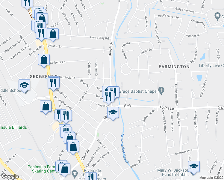 map of restaurants, bars, coffee shops, grocery stores, and more near 400 Beech Drive in Newport News