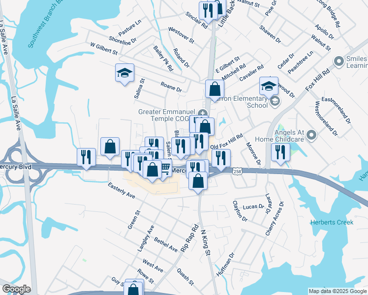map of restaurants, bars, coffee shops, grocery stores, and more near 14 Thornrose Avenue in Hampton