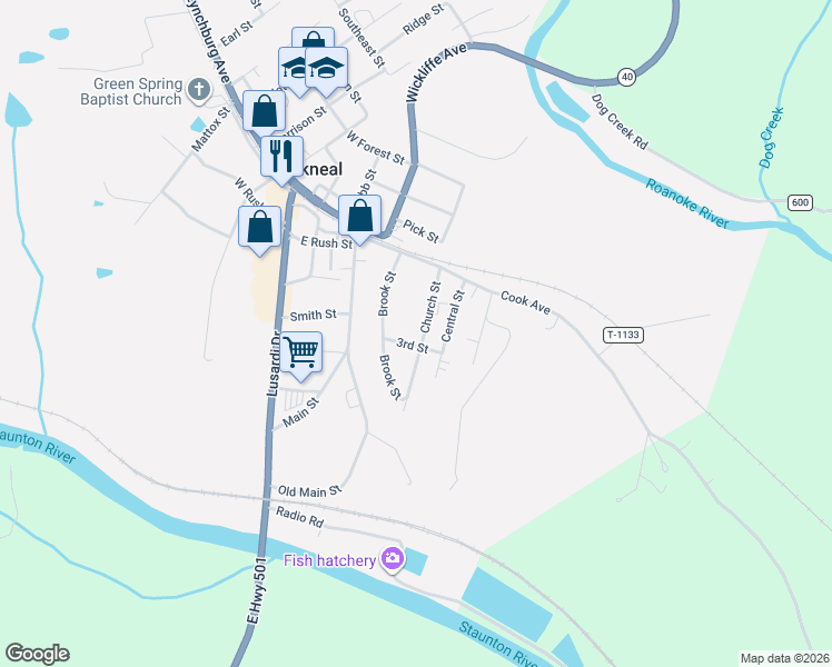 map of restaurants, bars, coffee shops, grocery stores, and more near 121 Brook Street in Brookneal