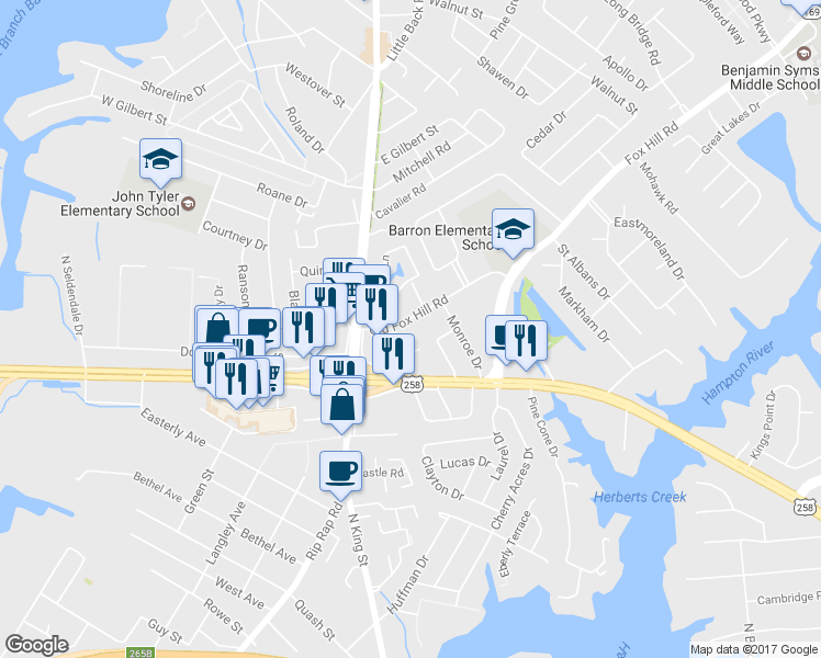 map of restaurants, bars, coffee shops, grocery stores, and more near 20 Old Fox Hill Road in Hampton
