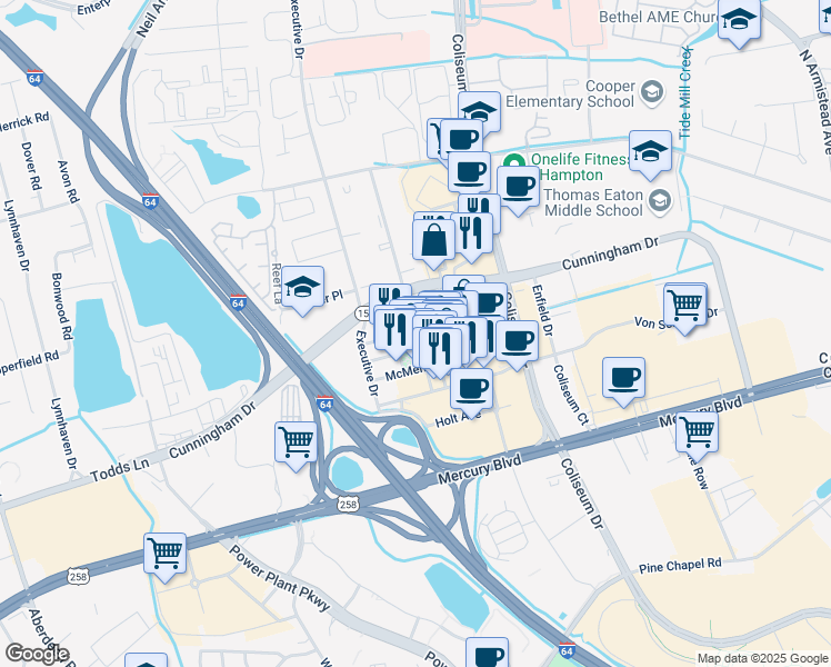 map of restaurants, bars, coffee shops, grocery stores, and more near 100 Cary Street in Hampton
