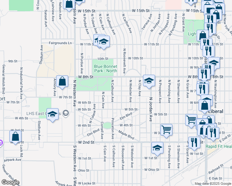 map of restaurants, bars, coffee shops, grocery stores, and more near 916 West 7th Street in Liberal