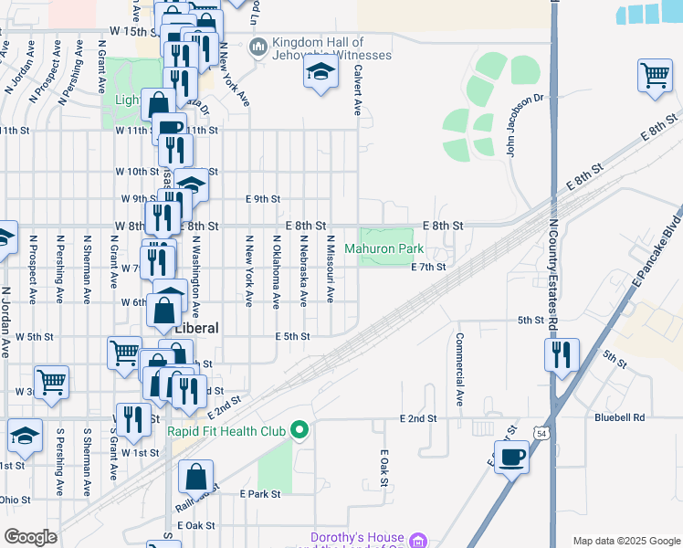 map of restaurants, bars, coffee shops, grocery stores, and more near 651-699 East 7th Street in Liberal