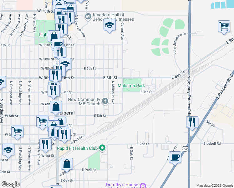 map of restaurants, bars, coffee shops, grocery stores, and more near 624 East 7th Street in Liberal
