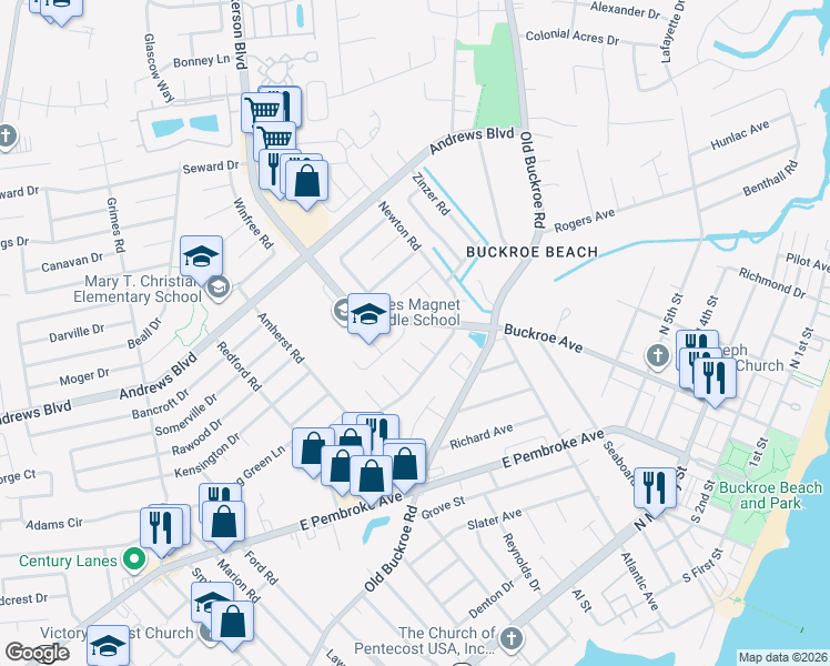 map of restaurants, bars, coffee shops, grocery stores, and more near 1816 Nickerson Boulevard in Hampton