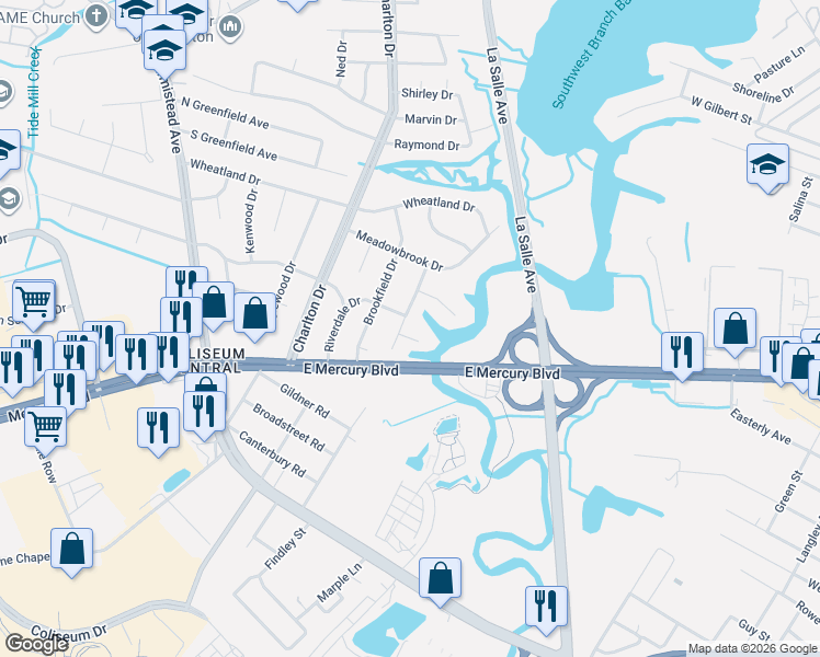 map of restaurants, bars, coffee shops, grocery stores, and more near 15 Hodges Drive in Hampton