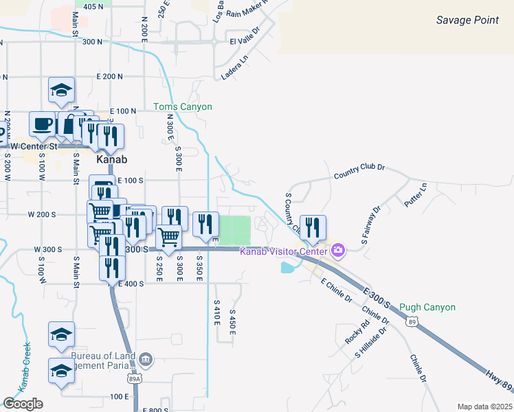 map of restaurants, bars, coffee shops, grocery stores, and more near 598 East 180 South in Kanab